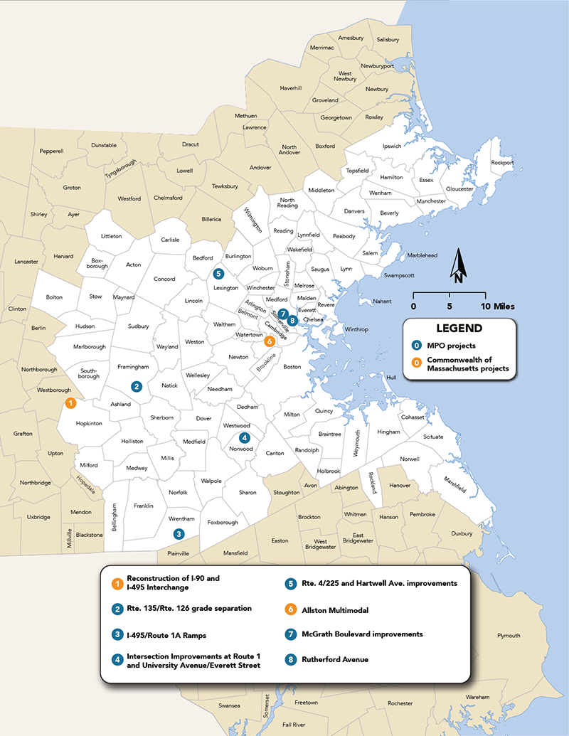 This figure shows the locations of transportation projects in the Boston region.